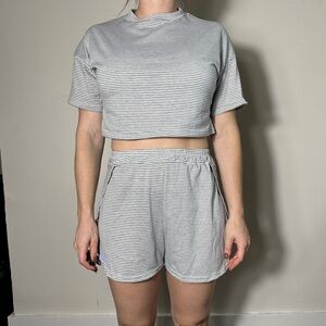 Gray White Short Sleeve Shirt and Shorts Set Size Small